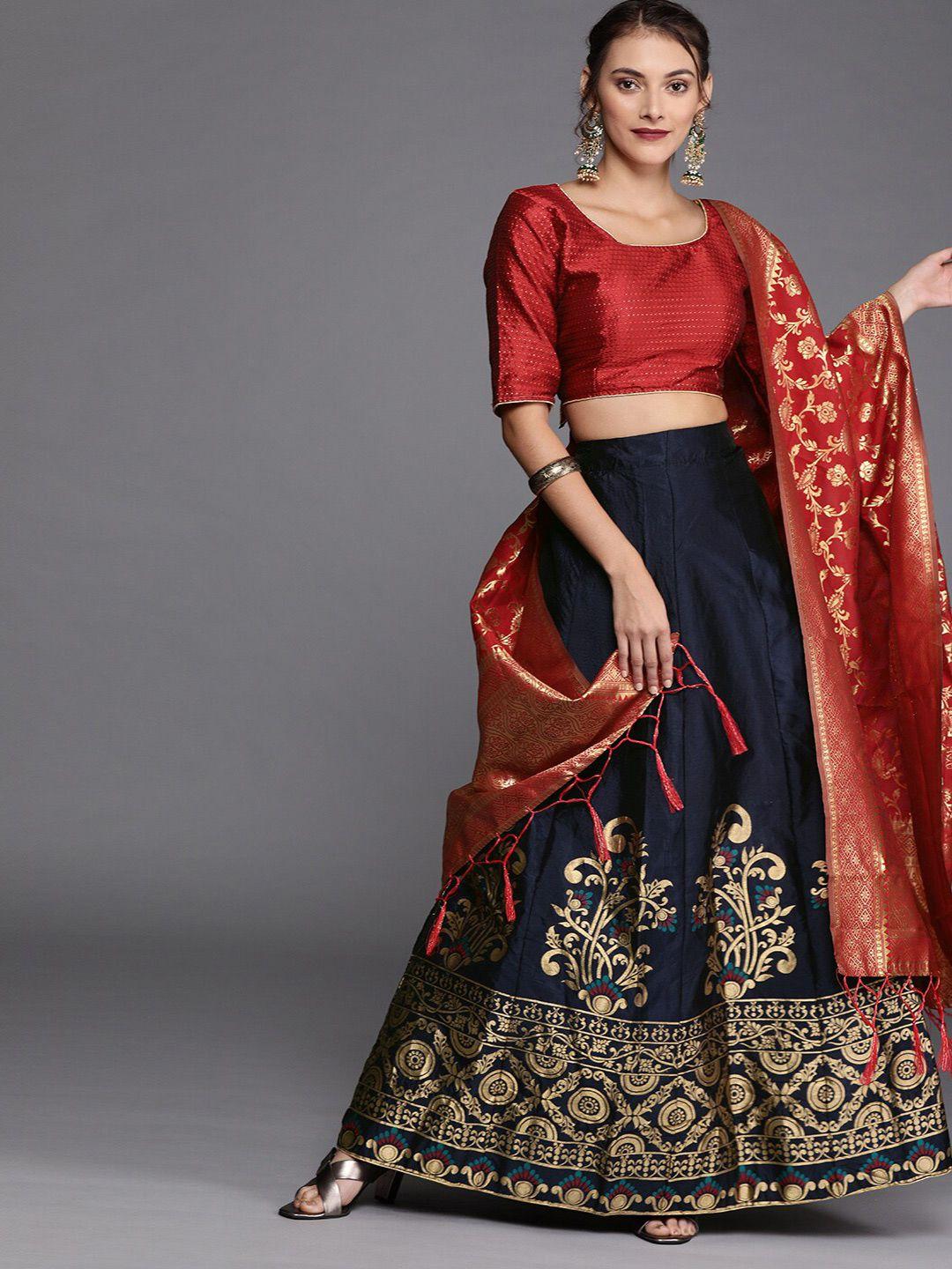 shadow & saining navy blue & red semi-stitched lehenga unstitched blouse with dupatta