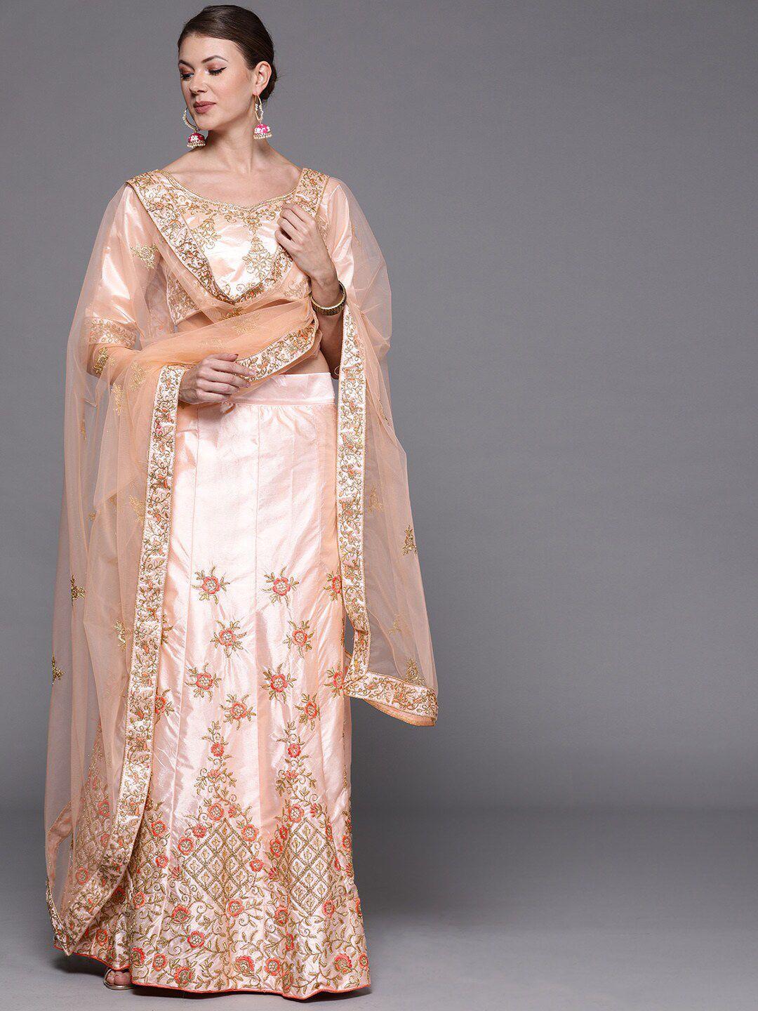 shadow & saining pink & gold-toned embroidered semi-stitched lehenga unstitched blouse with dupatta