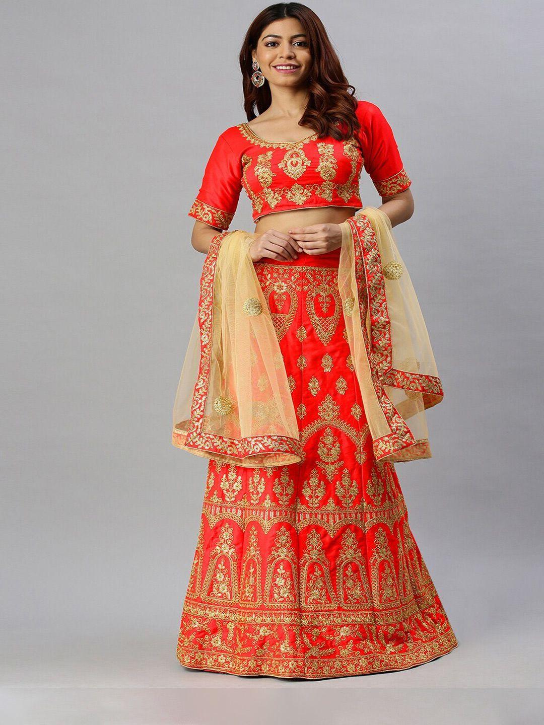 shadow & saining red & gold-toned embroidered semi-stitched lehenga unstitched blouse with dupatta