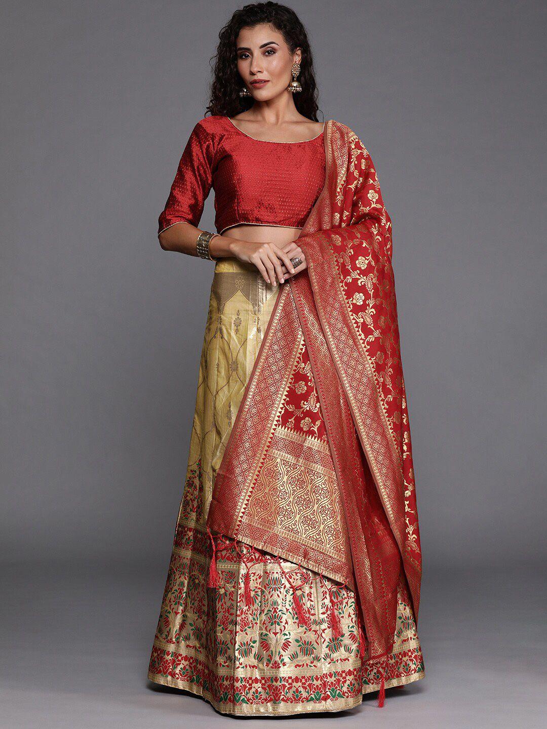shadow & saining red & gold-toned semi-stitched lehenga unstitched blouse with dupatta
