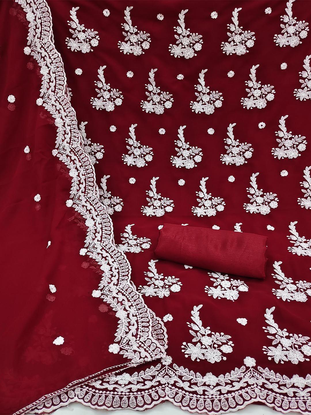 shadow & saining red & white embroidered silk georgette unstitched dress material