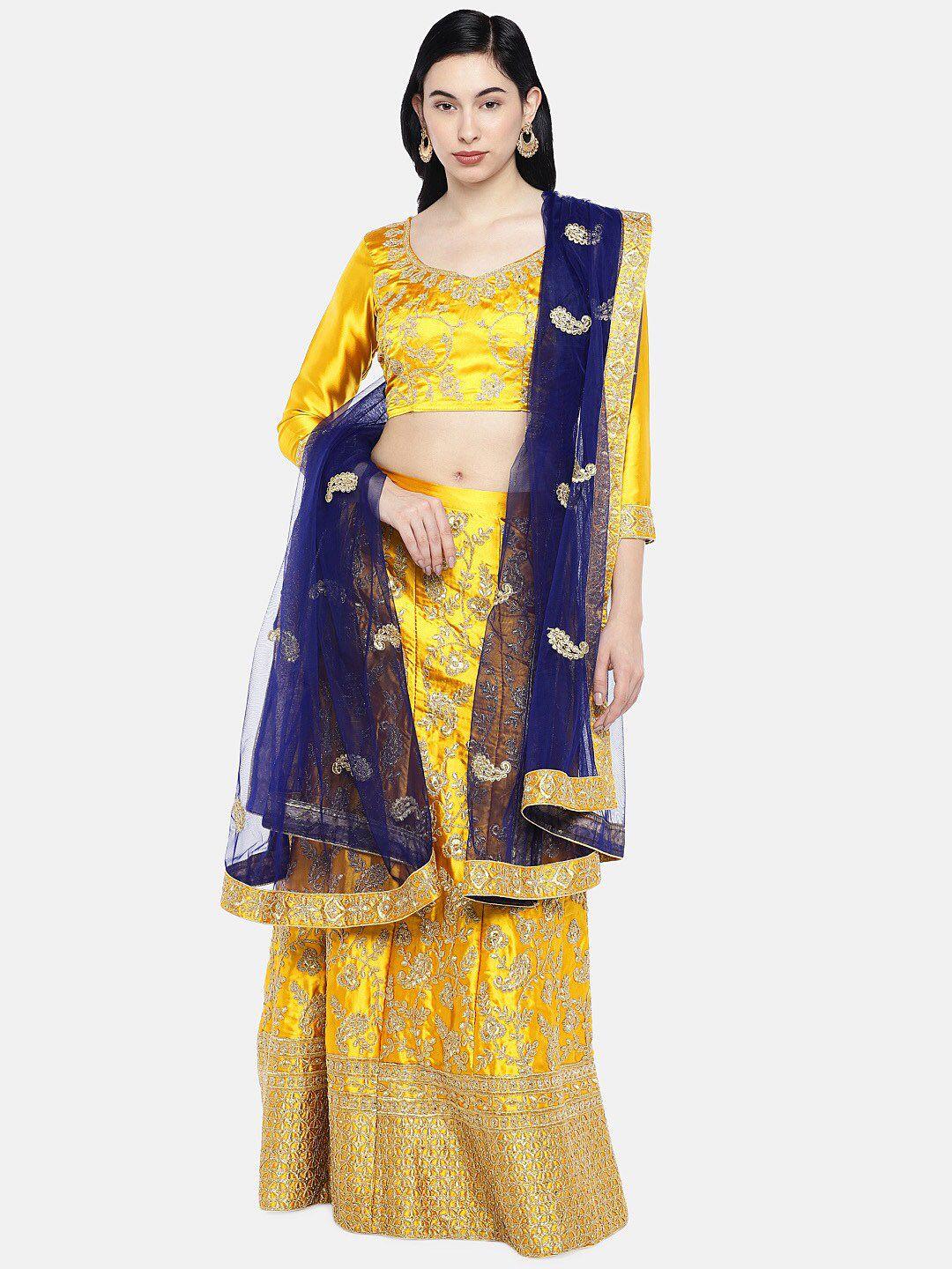 shadow & saining yellow & blue embroidered semi-stitched lehenga unstitched blouse with dupatta