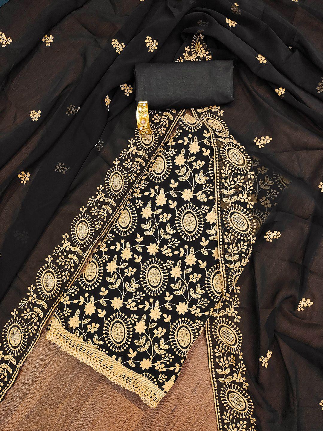 shadow & saining black & cream-coloured embroidered silk georgette unstitched dress material