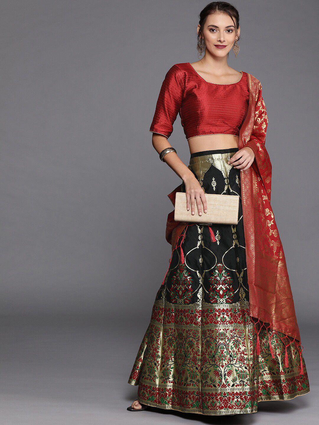 shadow & saining black & red semi-stitched lehenga unstitched blouse with dupatta