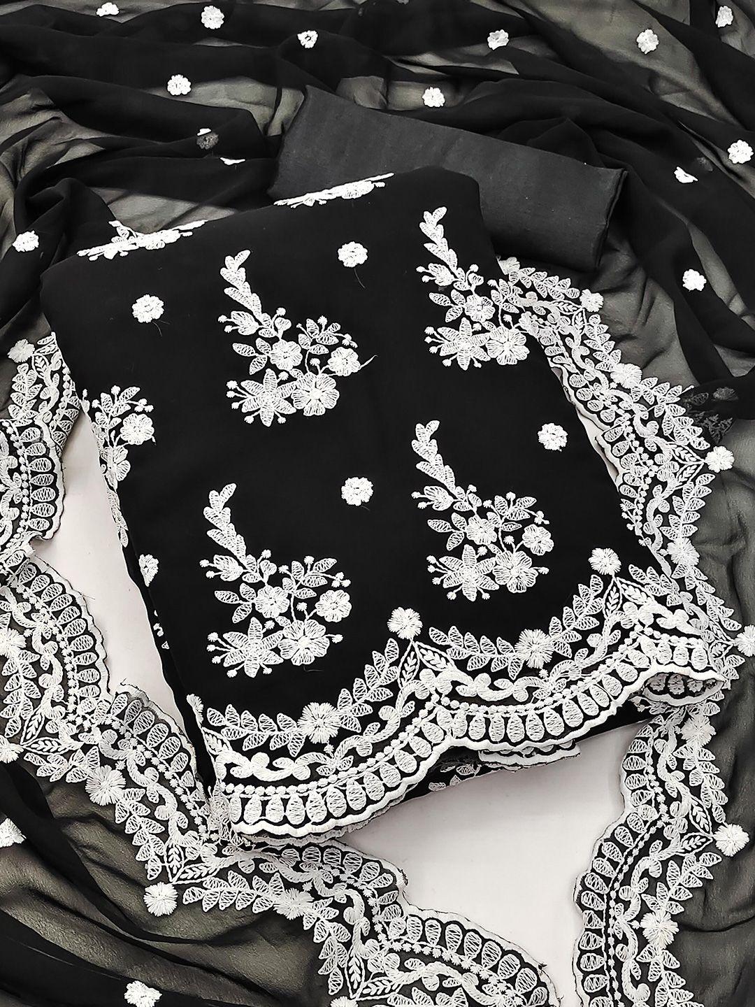 shadow & saining black & white embroidered silk georgette unstitched dress material