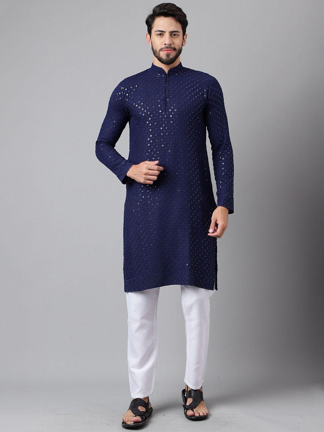 shadow & saining geometric embroidered sequinned cotton silk kurta