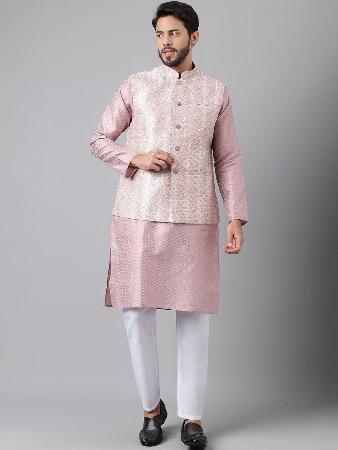 shadow & saining geometric woven design straight kurta with pyjamas &  & nehru jacket