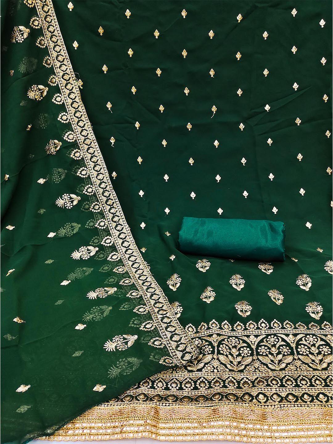 shadow & saining green & gold-toned embroidered silk georgette unstitched dress material