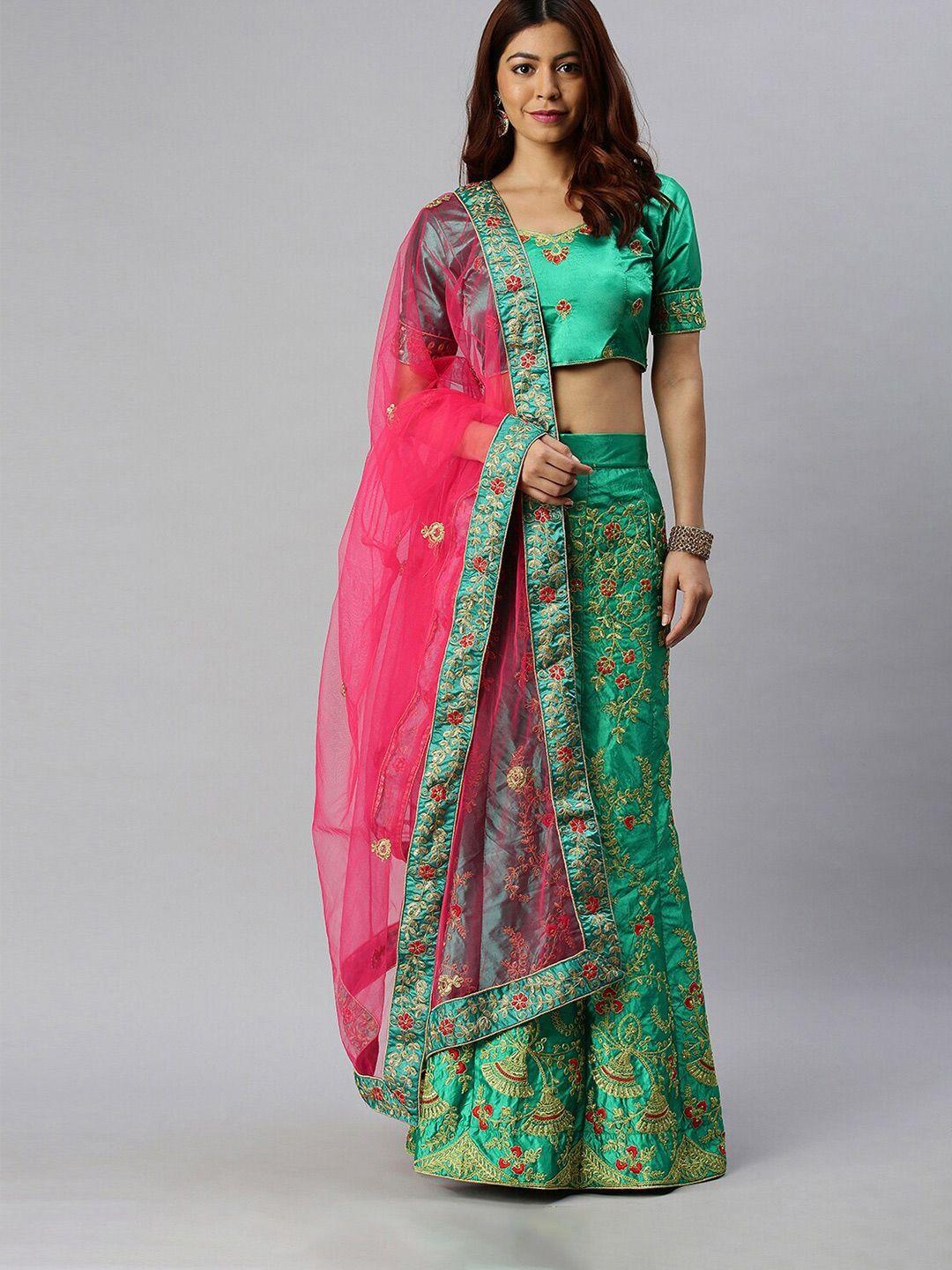 shadow & saining green & pink embroidered semi-stitched lehenga unstitched blouse with dupatta