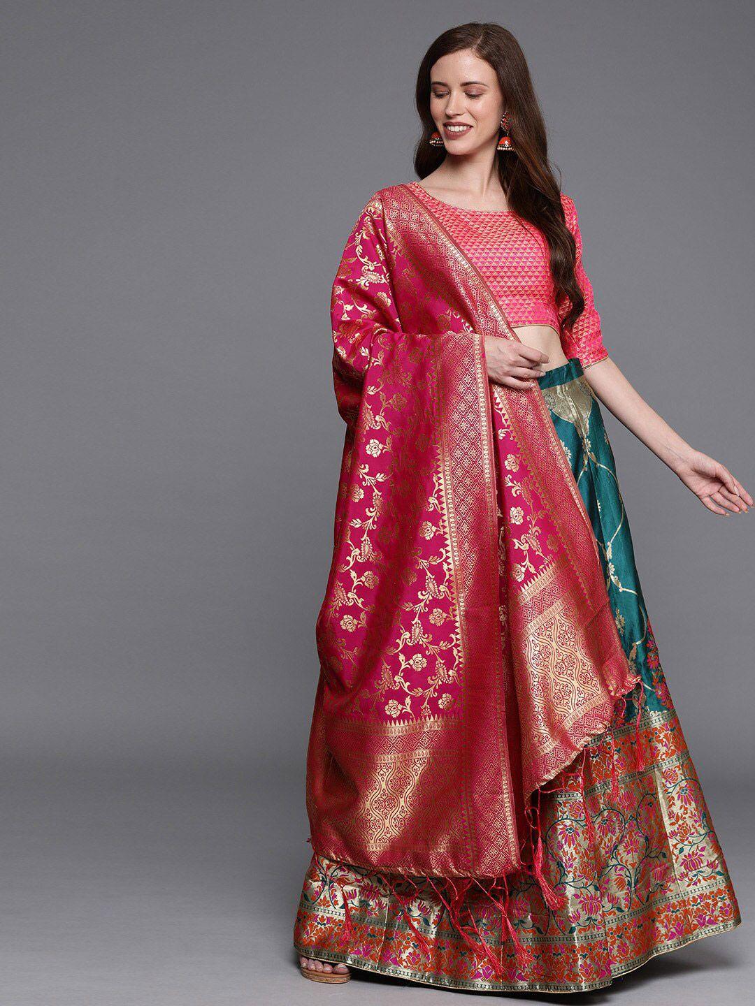 shadow & saining green & pink semi-stitched lehenga unstitched blouse with dupatta