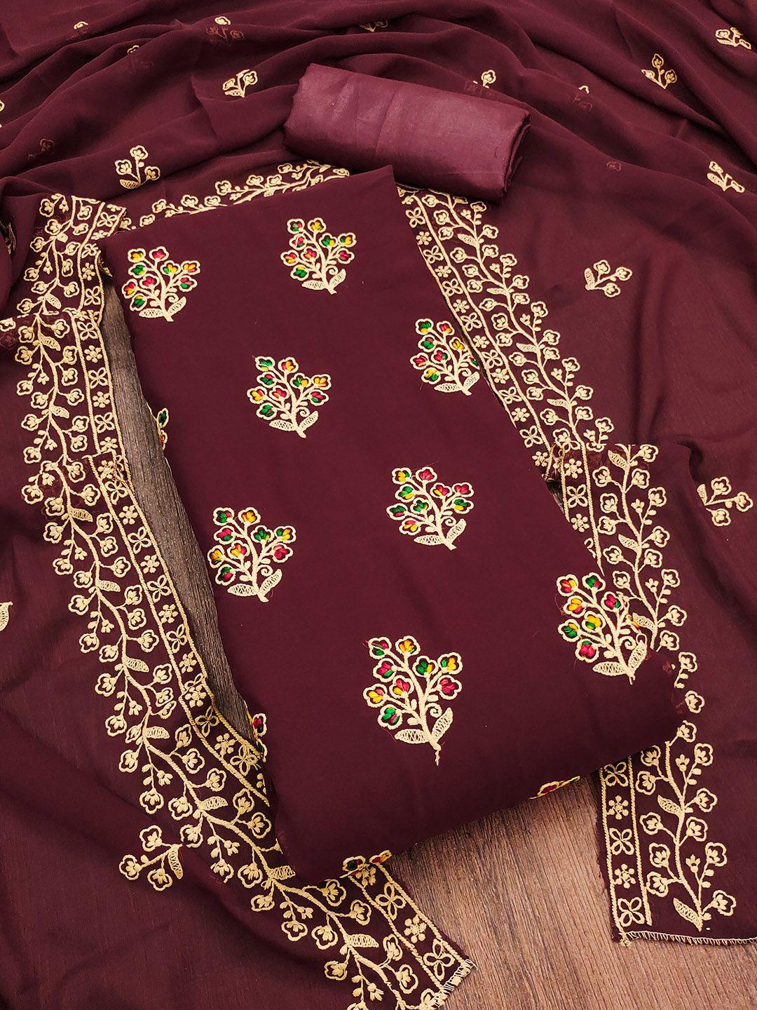 shadow & saining maroon & beige embroidered silk georgette unstitched dress material