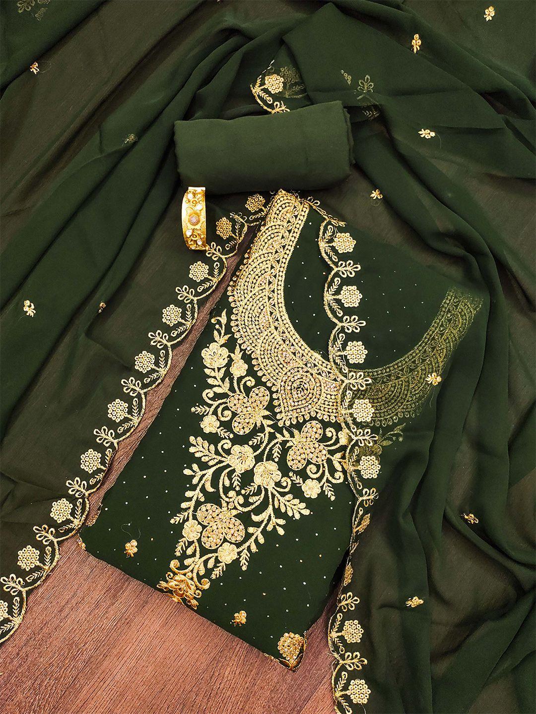 shadow & saining olive green & gold-toned embroidered silk georgette unstitched dress material