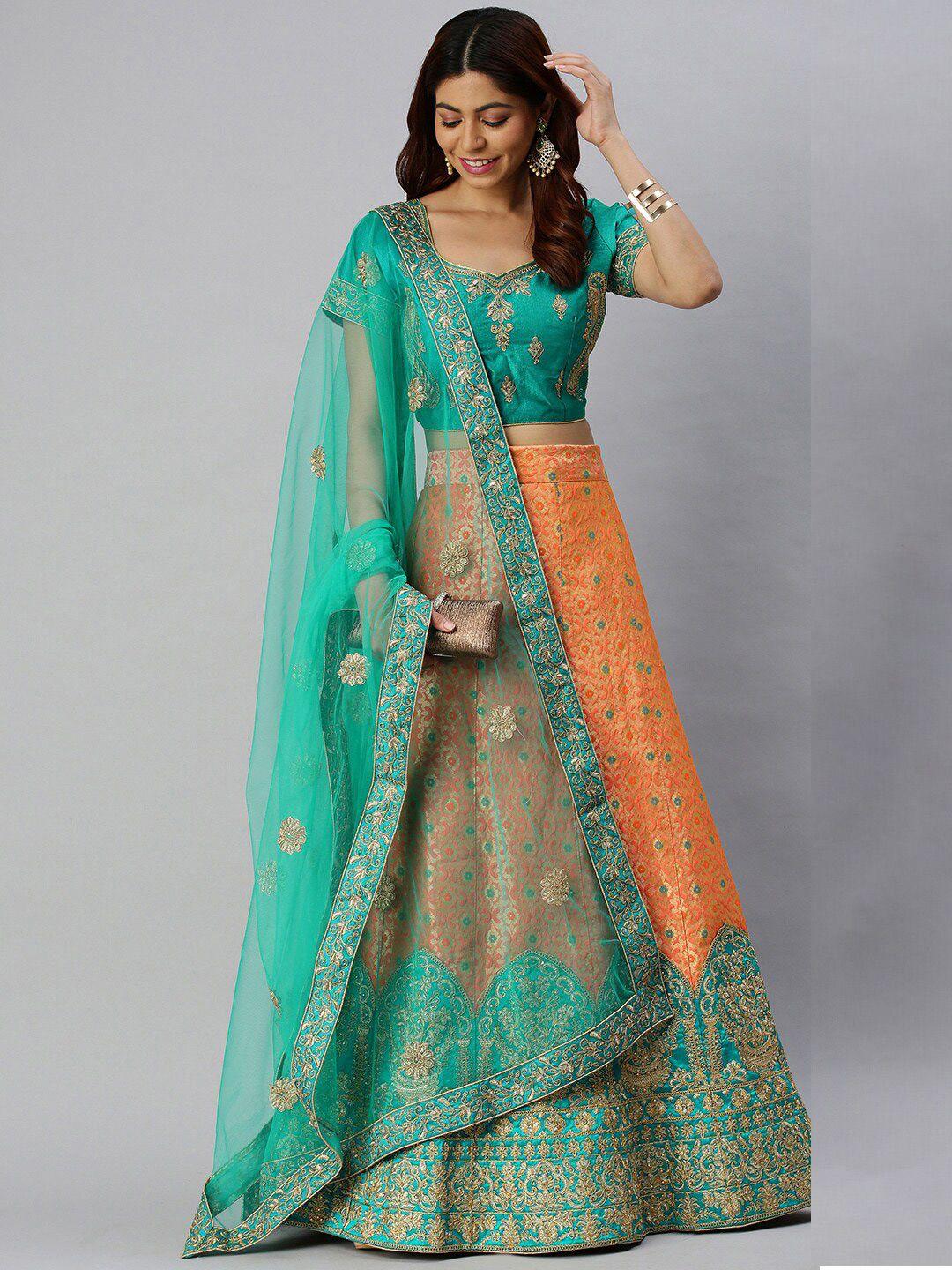 shadow & saining peach-coloured & green embroidered semi-stitched lehenga unstitched blouse with dupatta