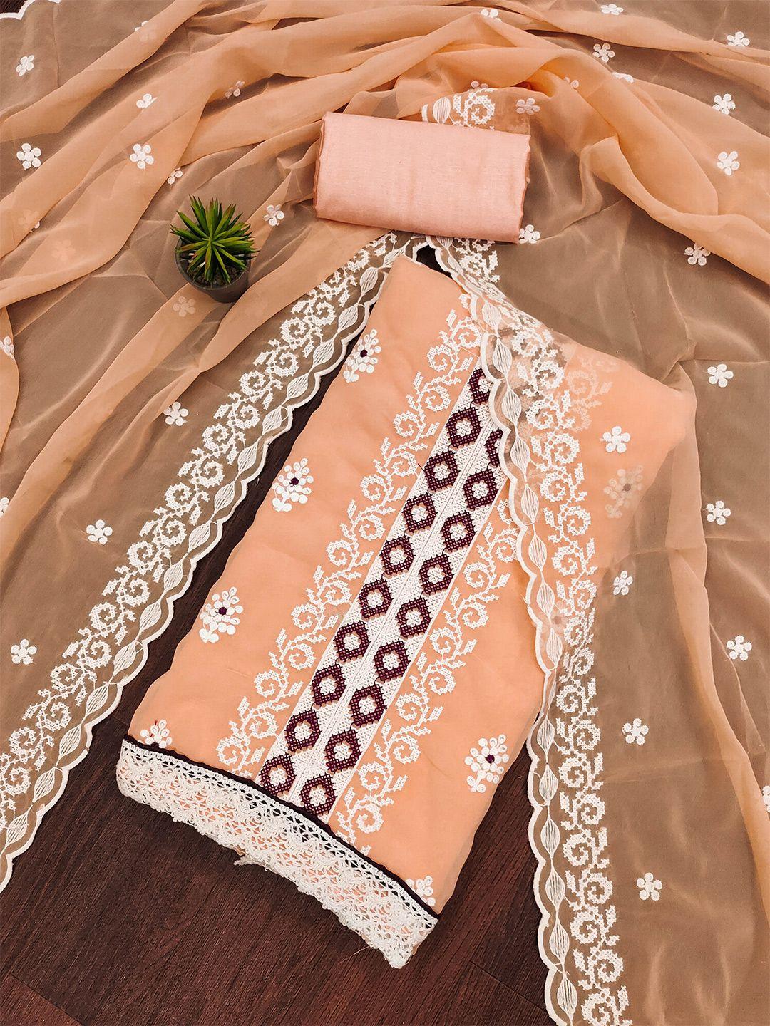 shadow & saining peach-coloured & white embroidered silk georgette unstitched dress material