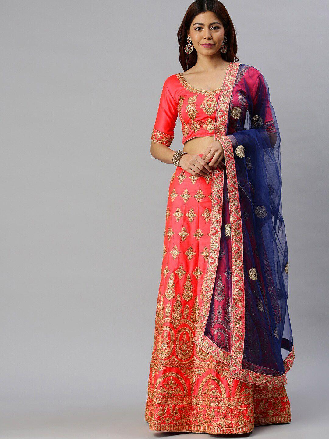 shadow & saining pink & blue embroidered semi-stitched lehenga unstitched blouse with dupatta