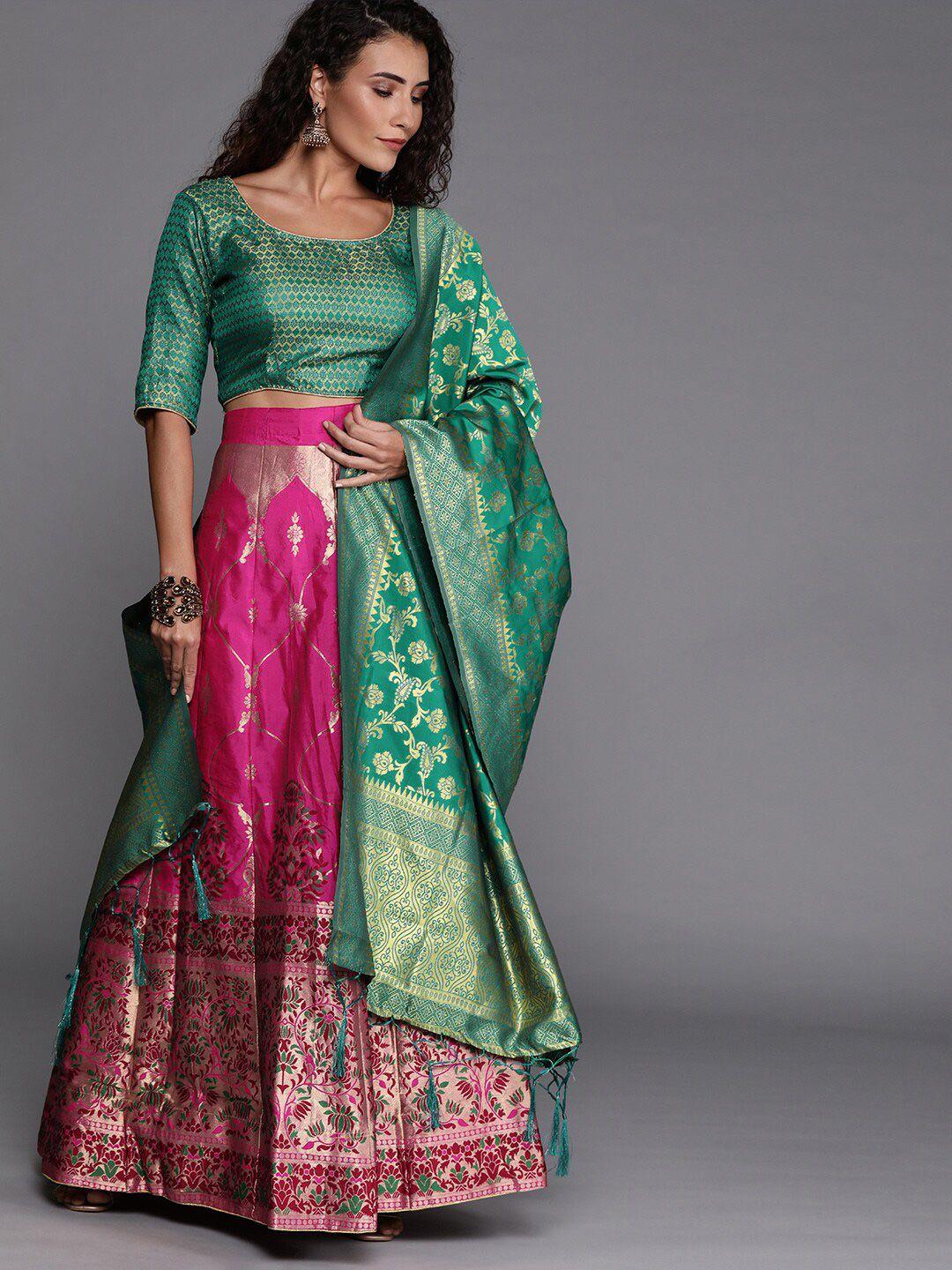 shadow & saining pink & green semi-stitched lehenga unstitched blouse with dupatta