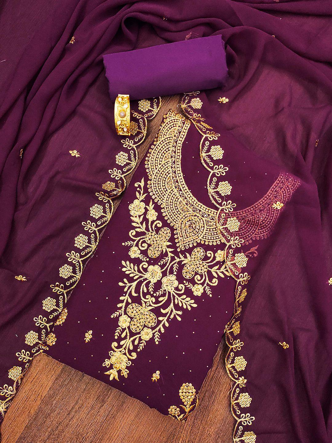 shadow & saining purple & gold-toned embroidered silk georgette unstitched dress material