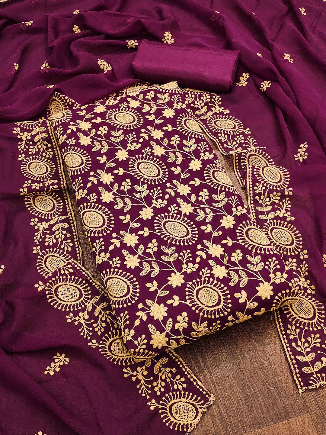 shadow & saining purple & gold-toned embroidered silk georgette unstitched dress material