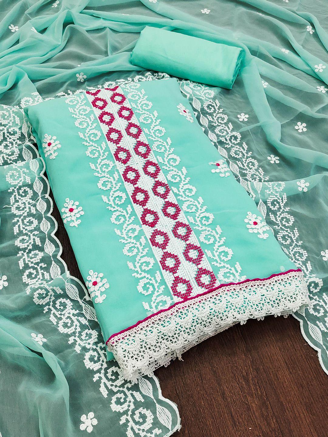 shadow & saining sea green & white embroidered silk georgette unstitched dress material