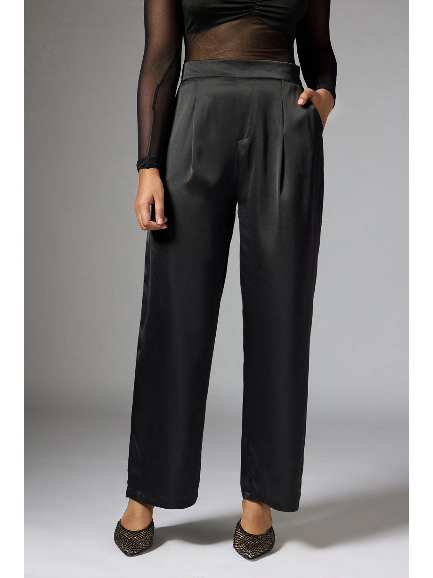 shadow black satin wide korean pants