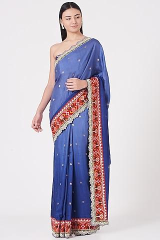 shady neon blue embroidered handloom saree set