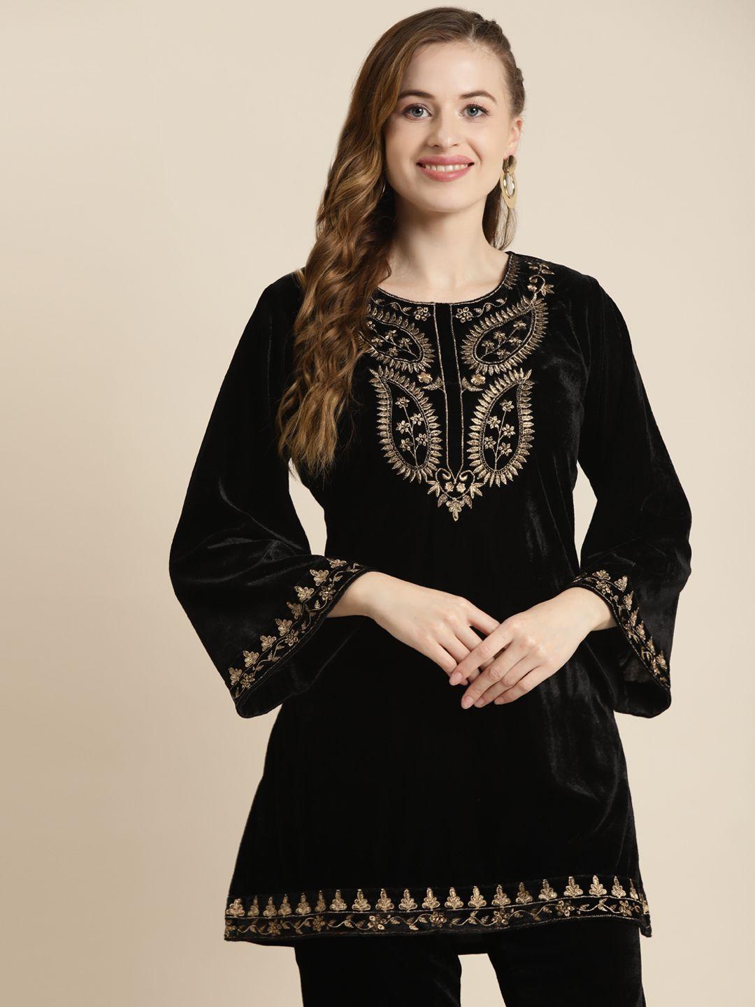 shae by sassafras black & gold-toned ethnic motifs embroidered flared sleeves velvet kurti