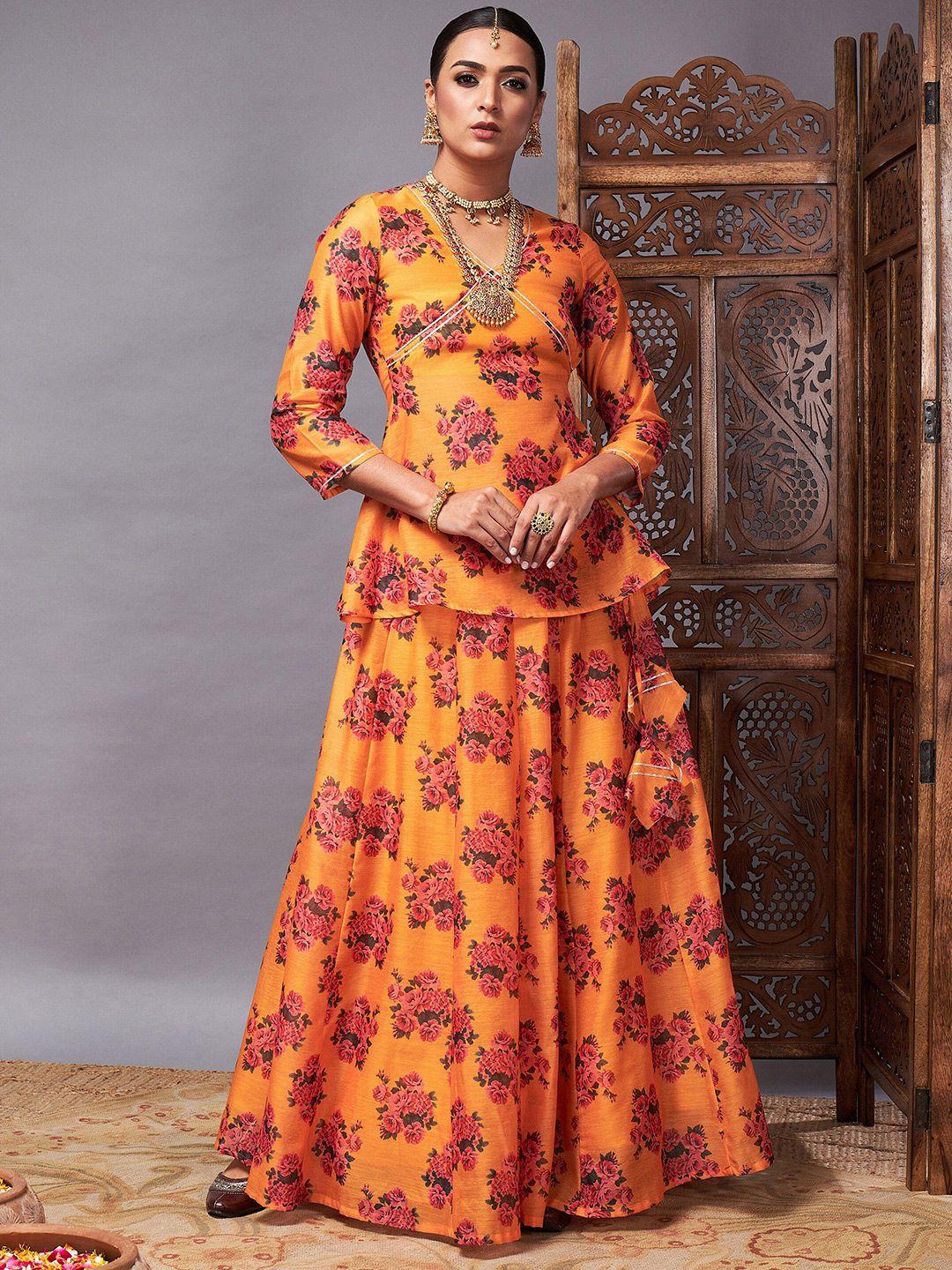 shae by sassafras mustard & peach-coloured printed ready to wear lehenga & choli