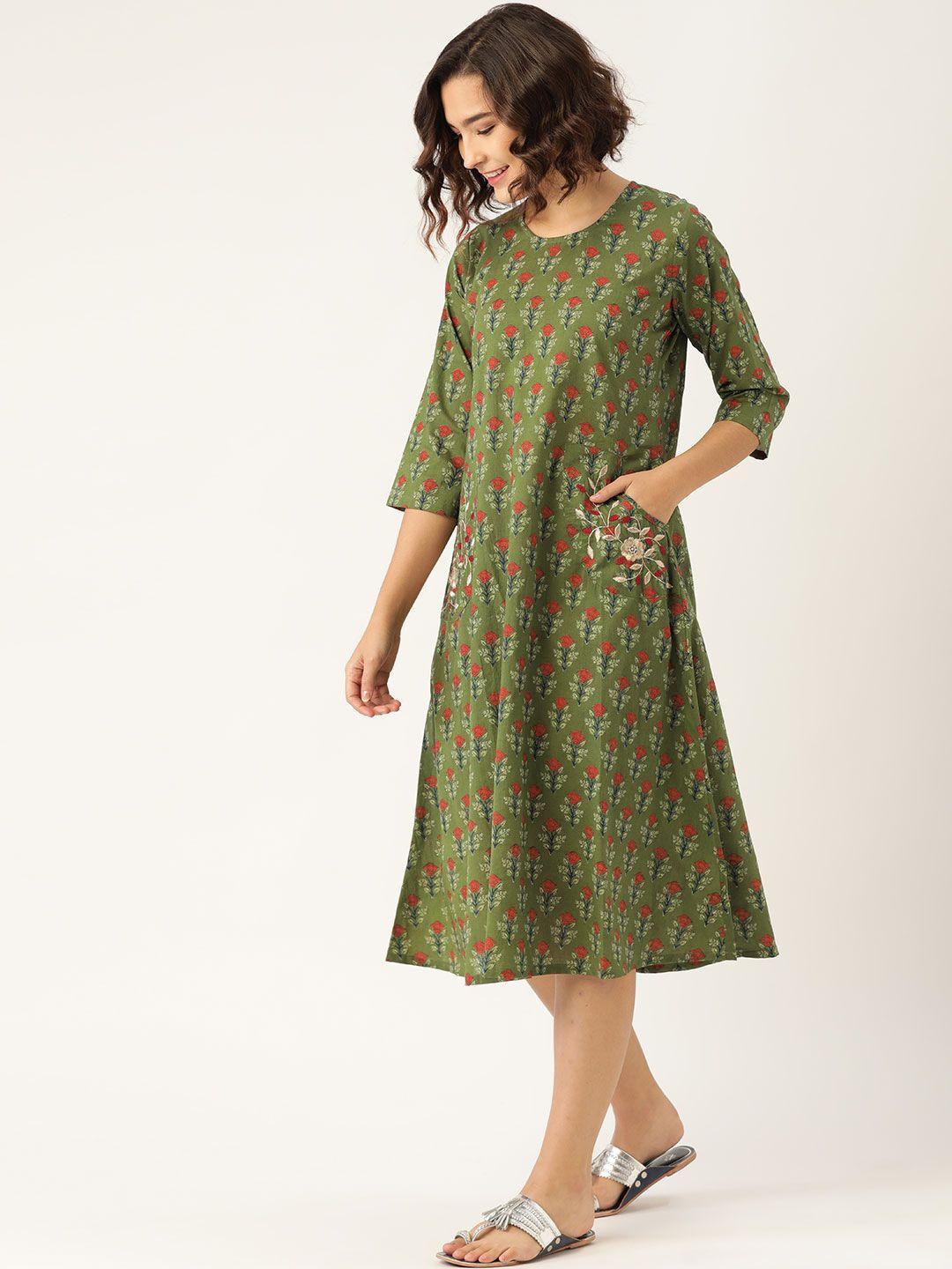 shae by sassafras olive green & coral red pure cotton printed embroidered a-line dress