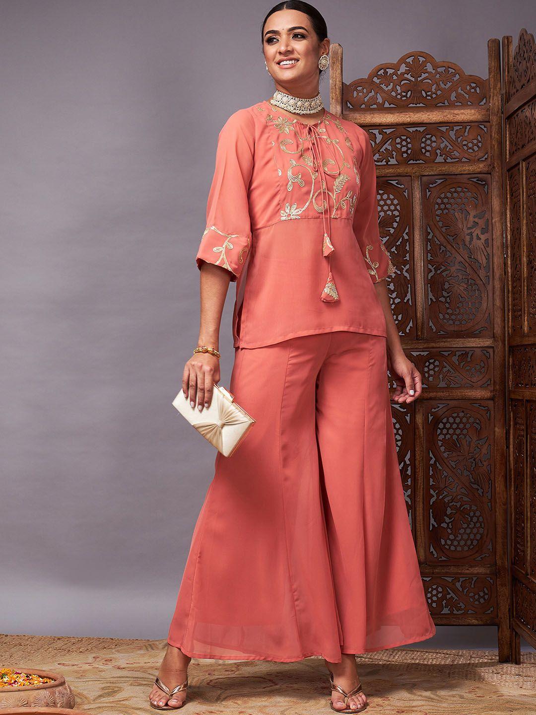 shae by sassafras peach-coloured floral embroidered gotta patti kurti with palazzos