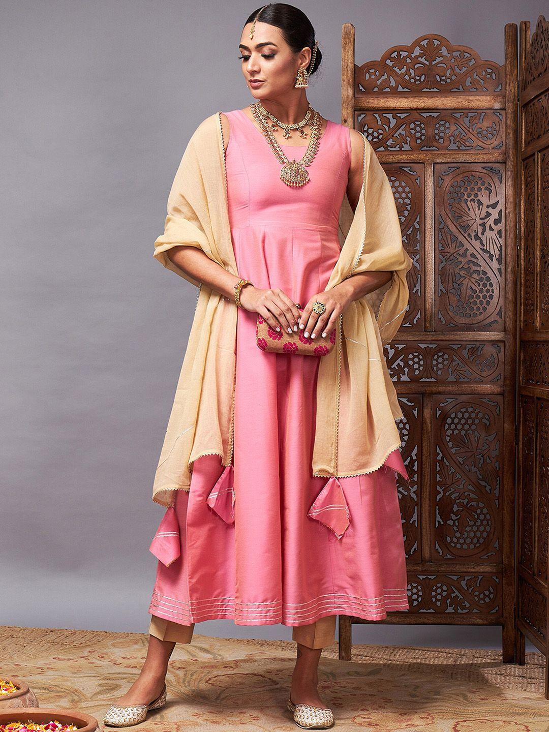 shae by sassafras pink & beige gotta patti kurta with trousers & with dupatta