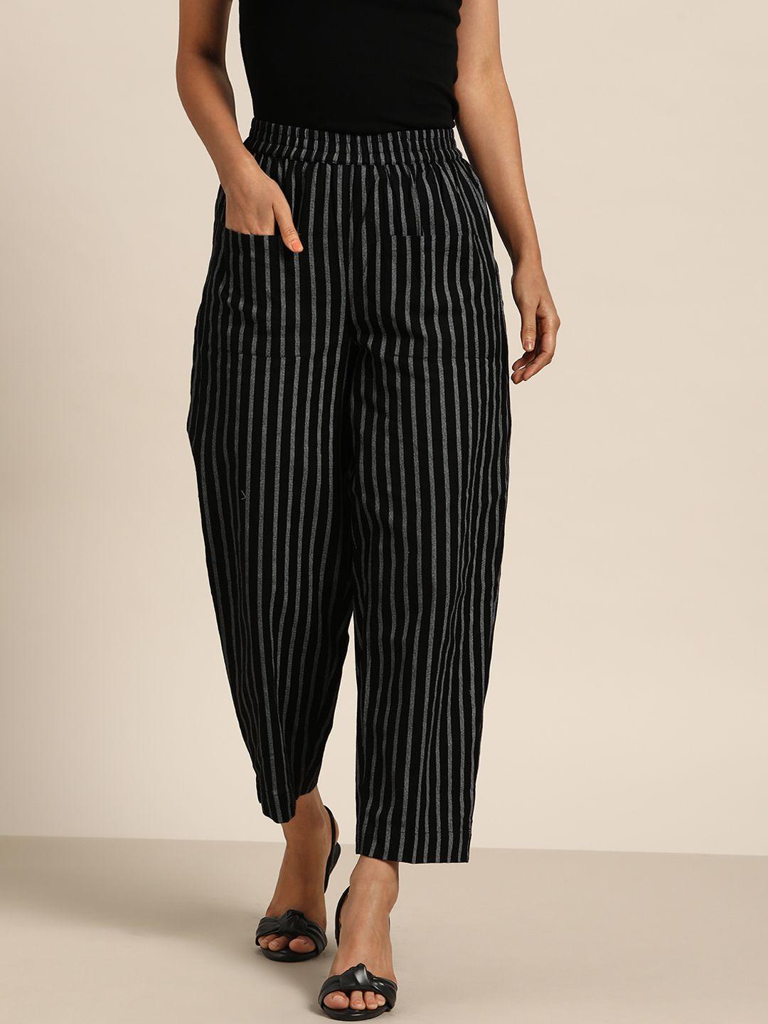 shae by sassafras women black & grey tapered fit striped cropped trousers