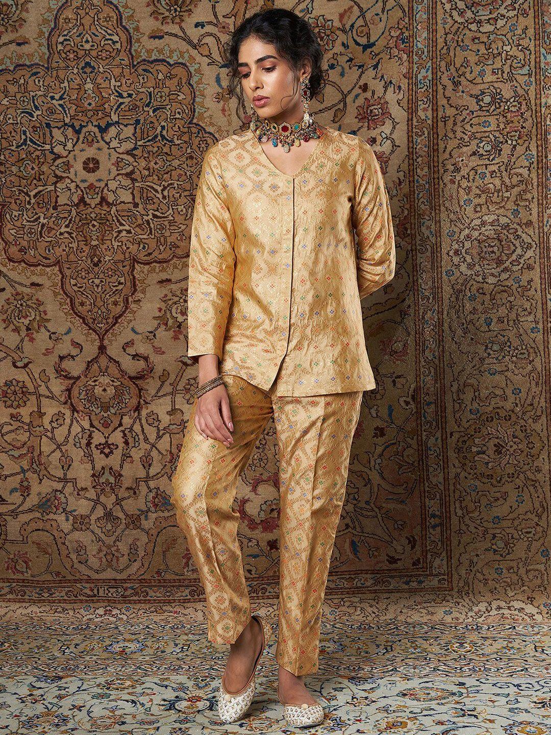 shae by sassafras women gold colored self design top & trousers co-ords