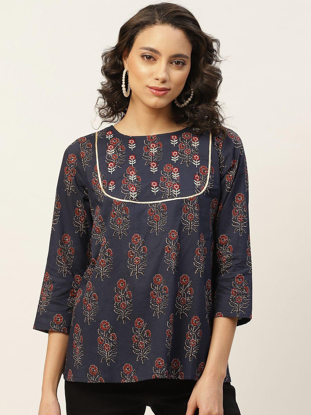 shae by sassafras women navy blue & red printed pure cotton a-line top