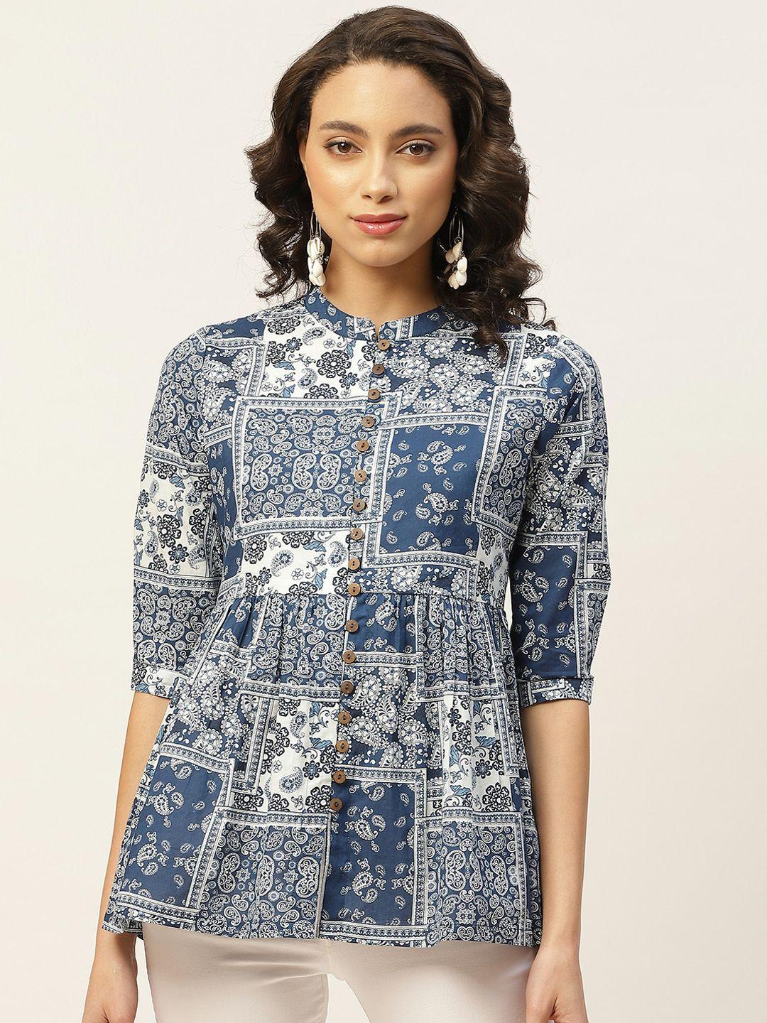 shae by sassafras women navy blue & white printed pure cotton mandarin collar a-line top