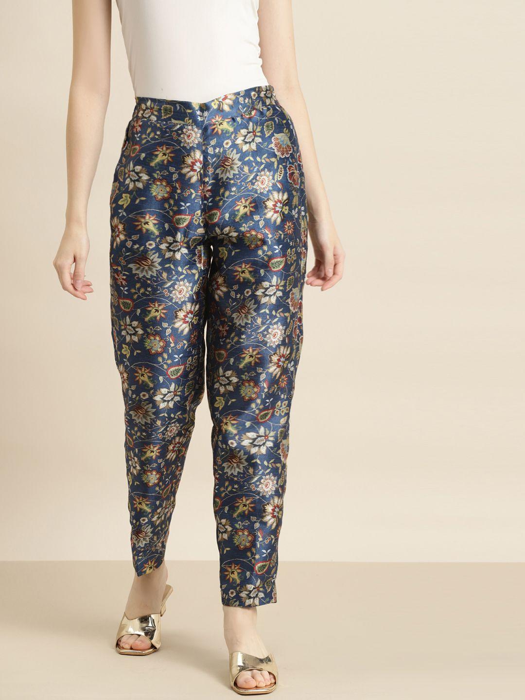 shae by sassafras women navy blue floral printed tapered fit trousers