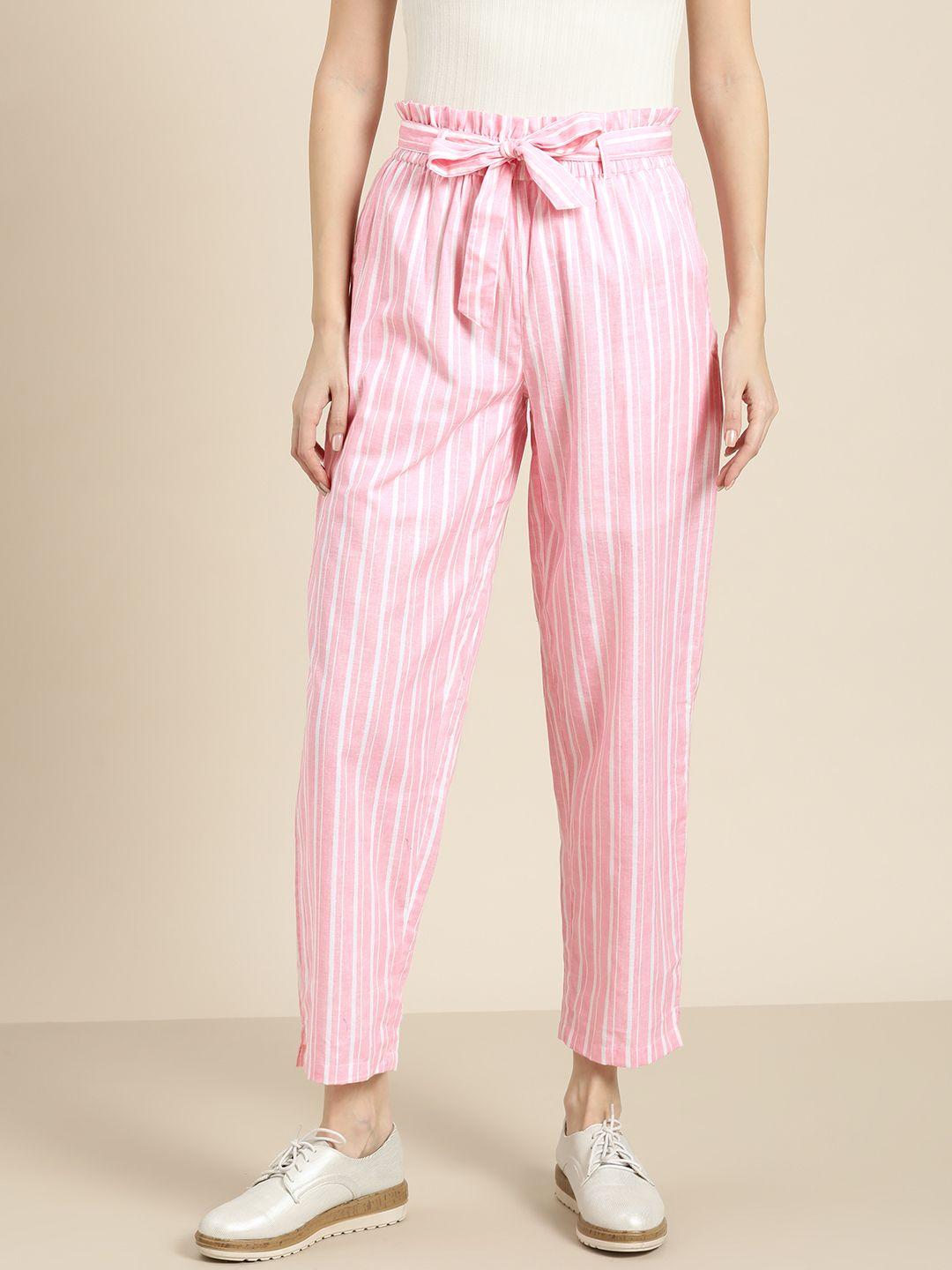 shae by sassafras women pink & white regular fit striped cropped trousers