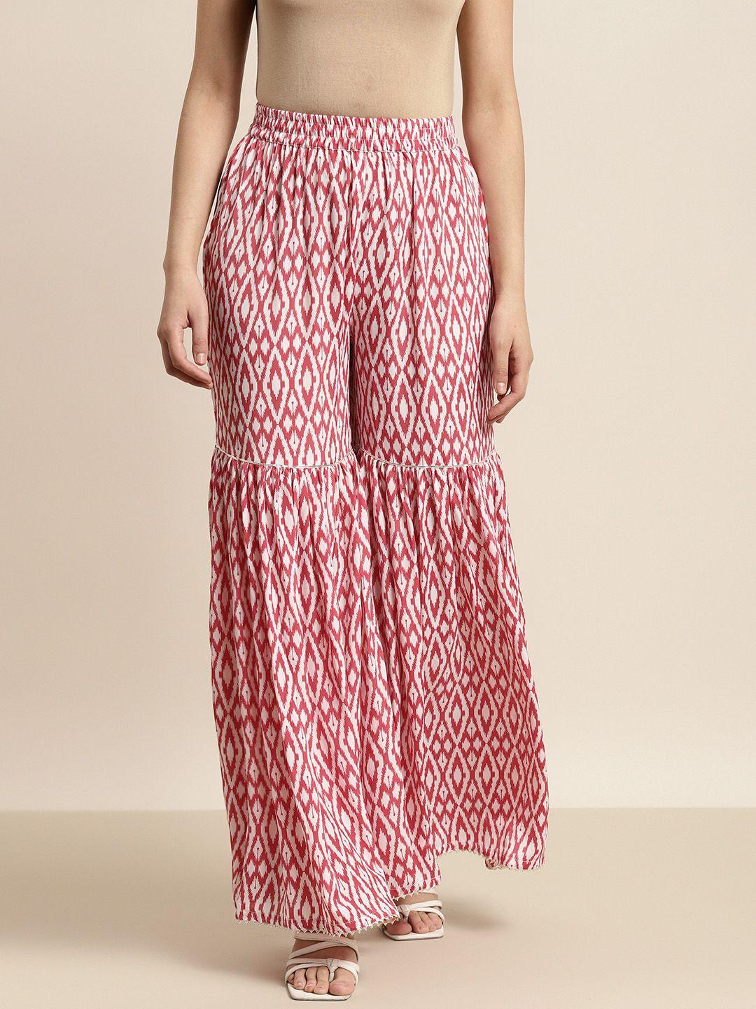 shae by sassafras women red & white printed flared pleated sharara pants