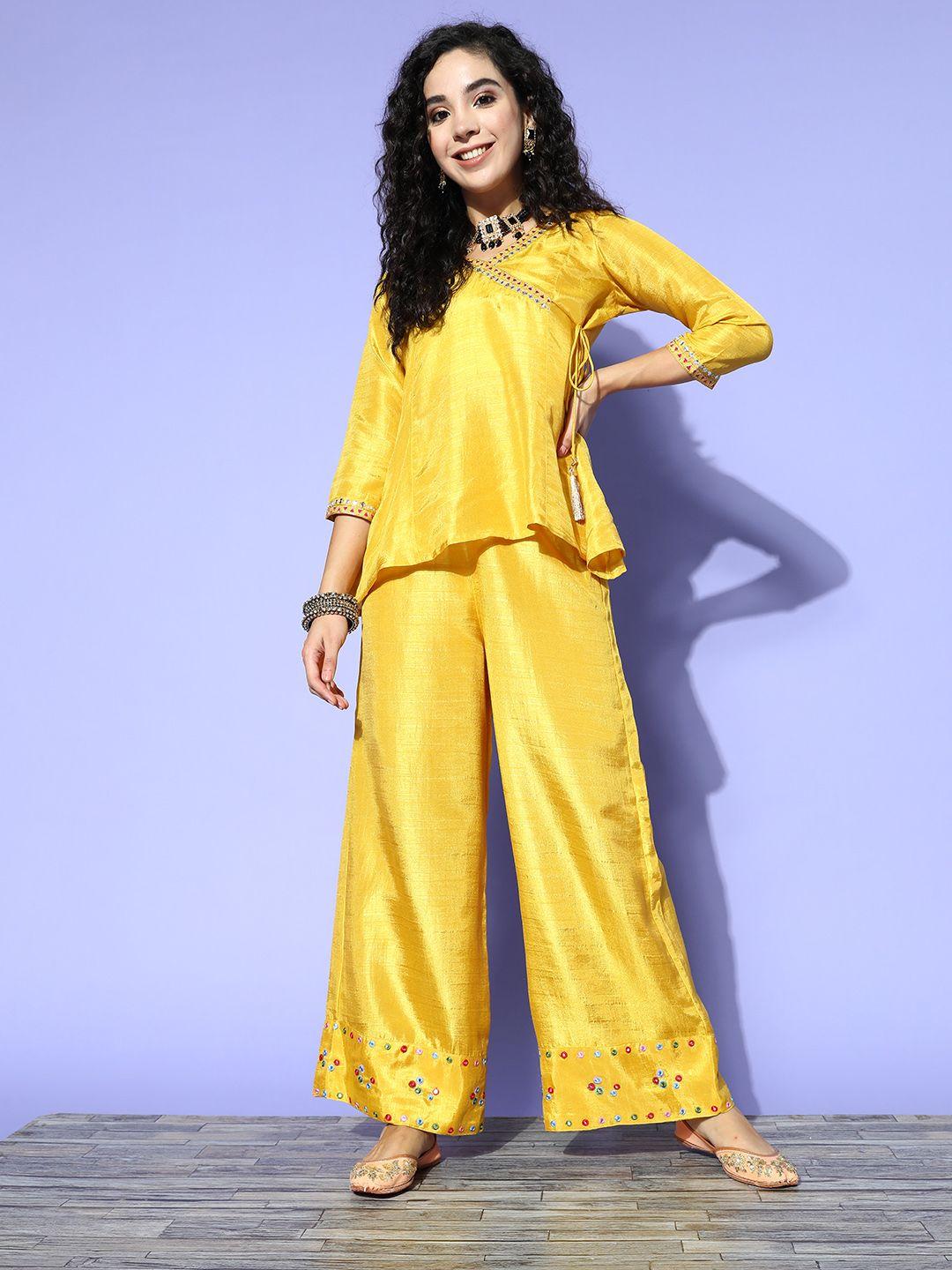 shae by sassafras women stylish mustard embellished top with palazzos