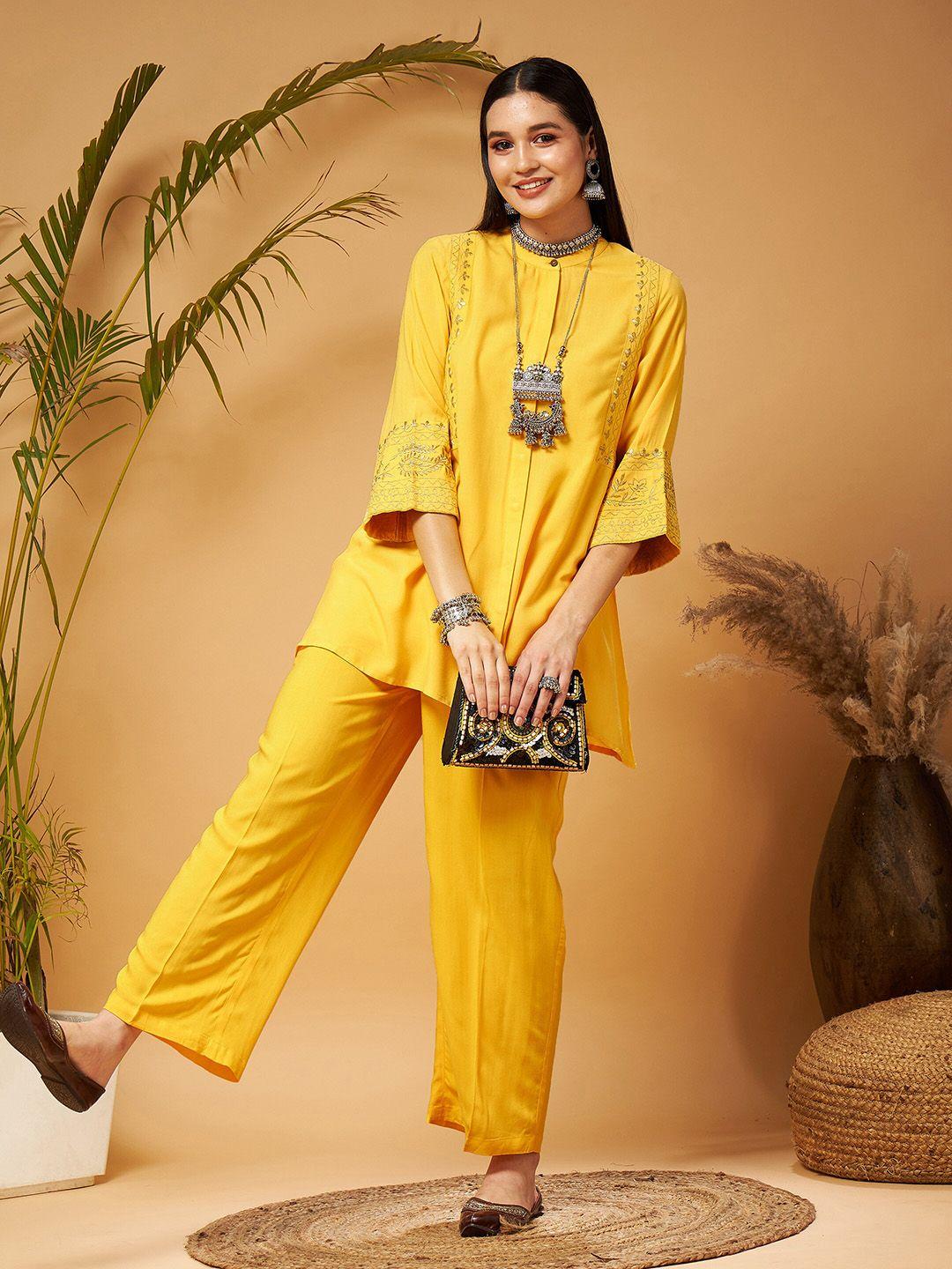 shae by sassafras yellow floral embroidered regular kurti with palazzos