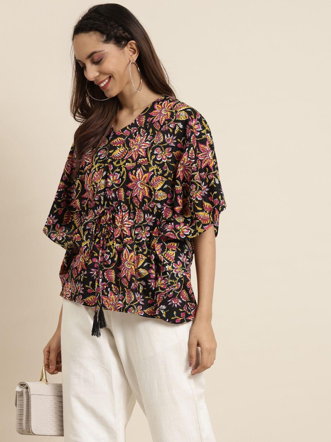 shae by sassafras black & pink printed pure cotton kaftan top