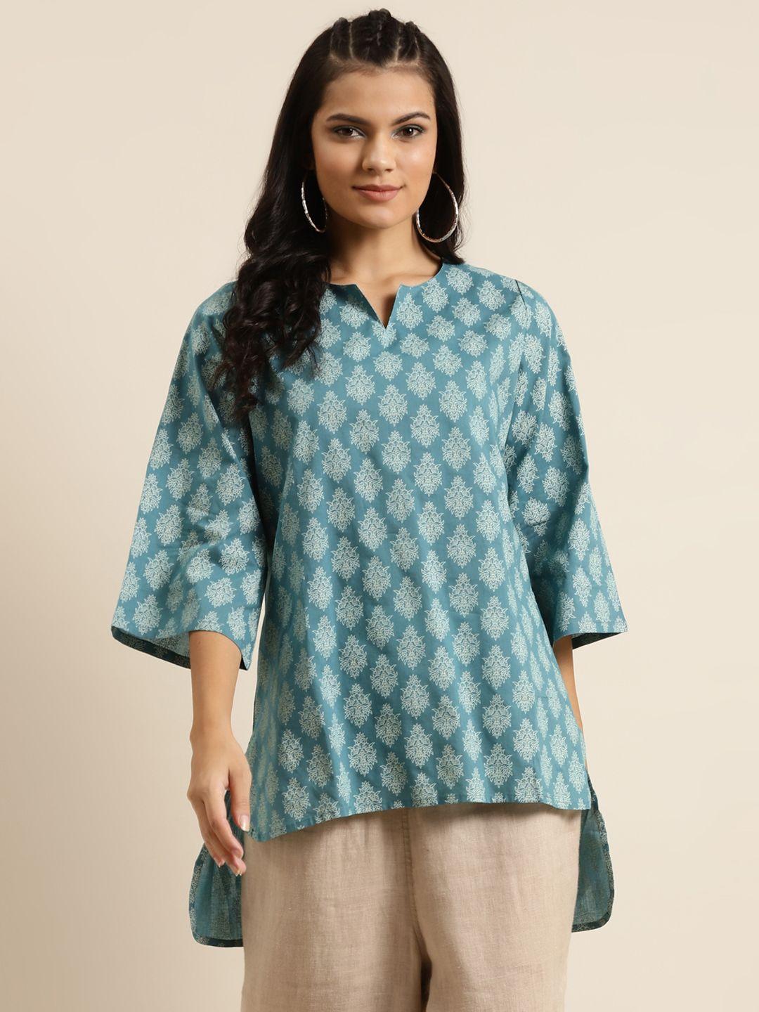 shae by sassafras blue & off-white pure cotton printed high-low straight kurti