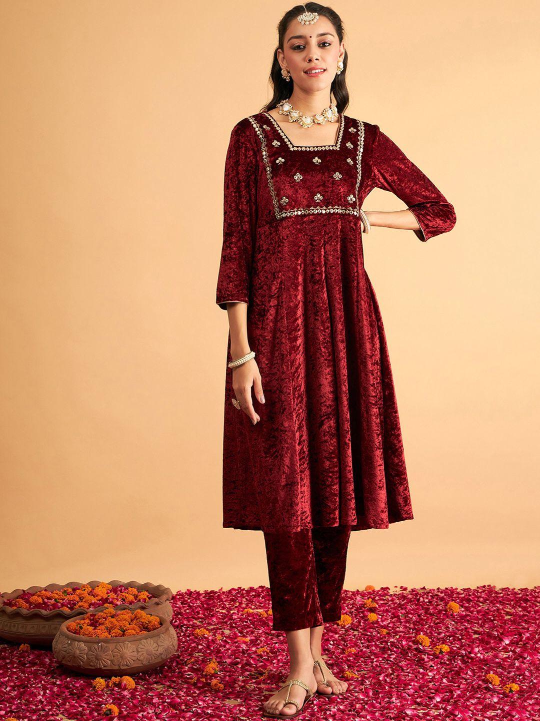 shae by sassafras embellished mirror work detailed square neck anarkali kurta