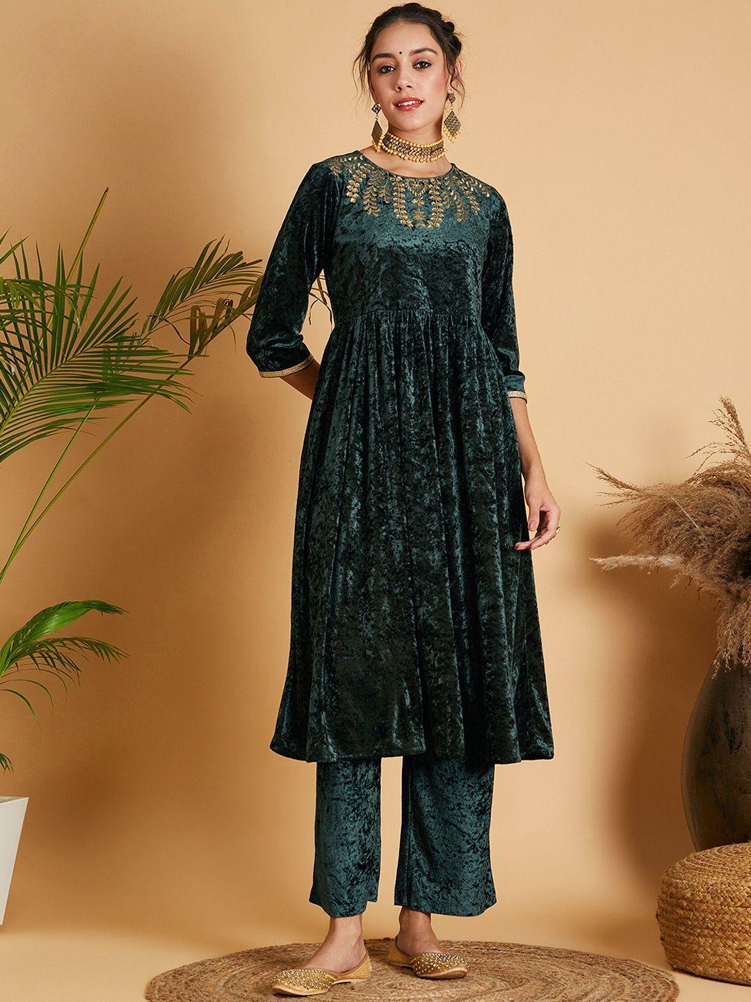 shae by sassafras embroidered a-line pleated velvet gathered kurta