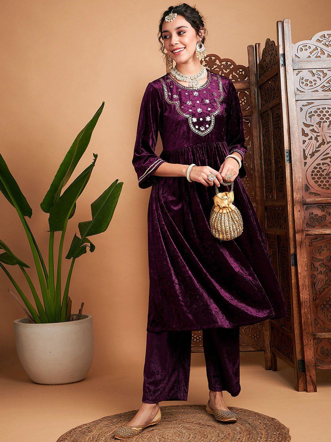 shae by sassafras embroidered sequins gathered velvet kurta