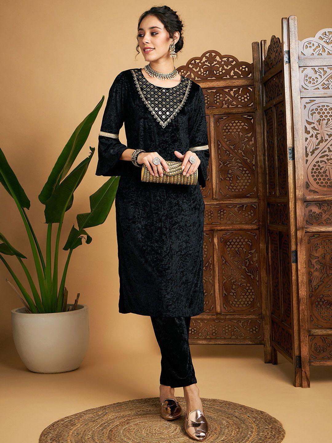 shae by sassafras ethnic motifs embroidered thread work bell sleeves velvet kurta