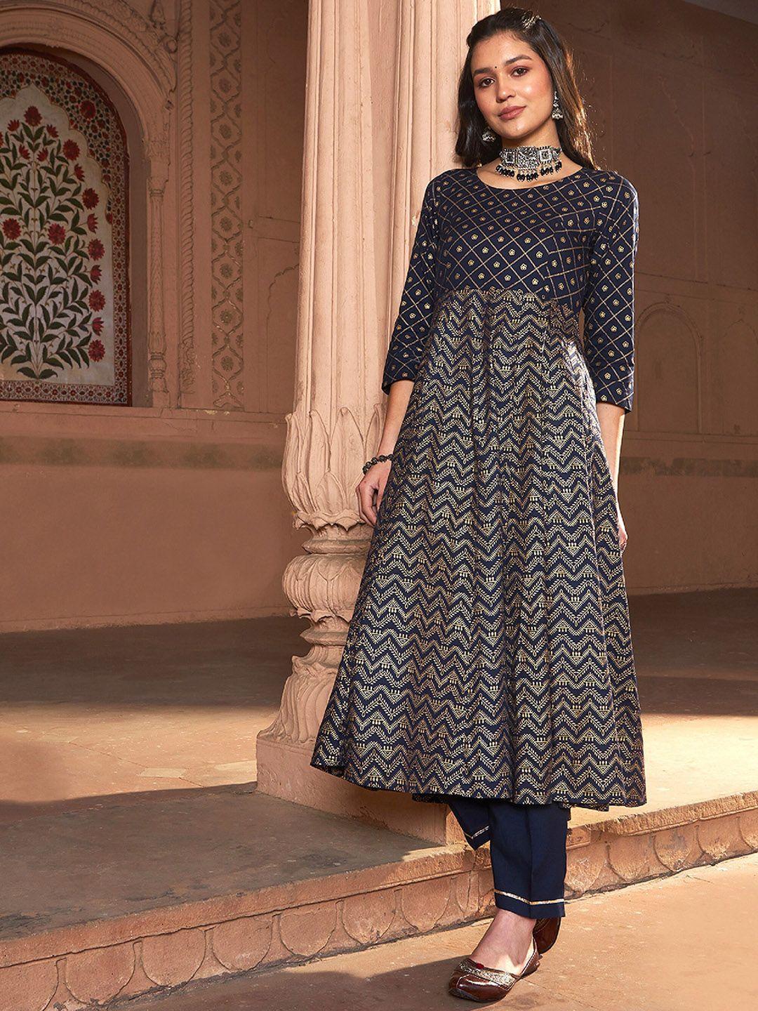 shae by sassafras ethnic motifs printed anarkali zari kurta with trousers