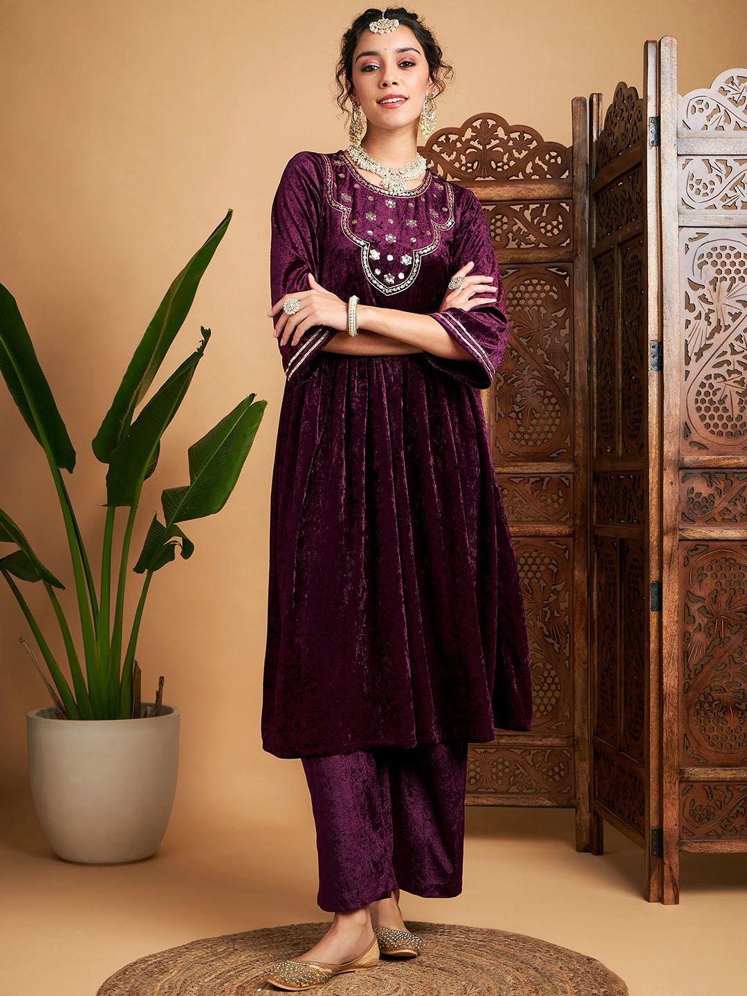 shae by sassafras floral embroidered anarkali regular zari velvet kurta with trouser