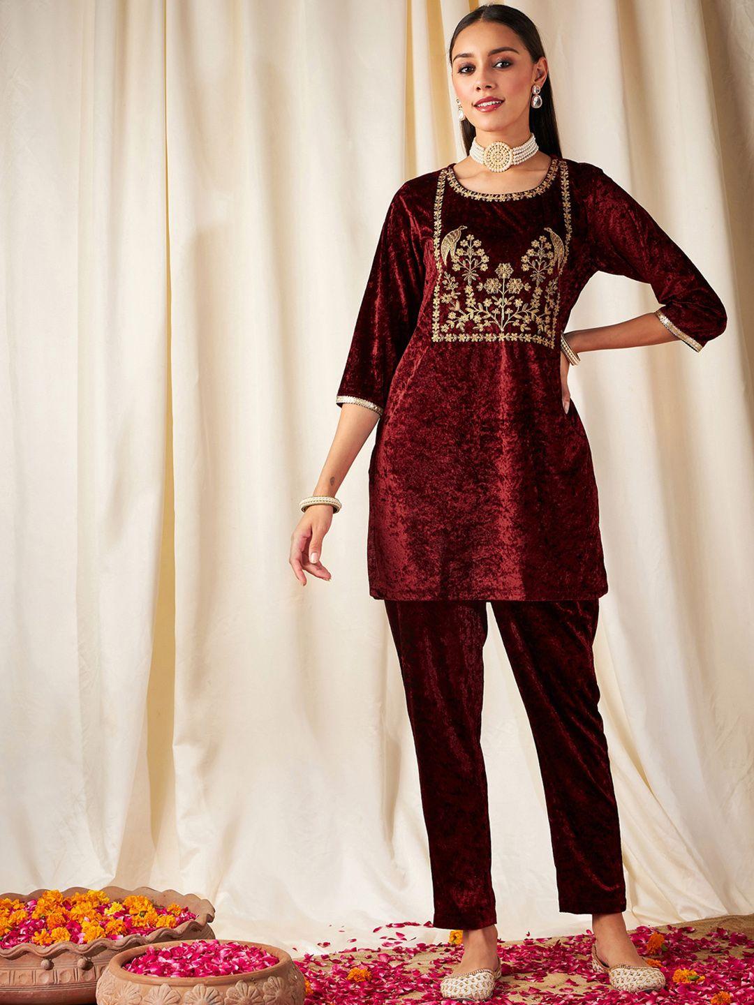 shae by sassafras floral embroidered thread work velvet kurta