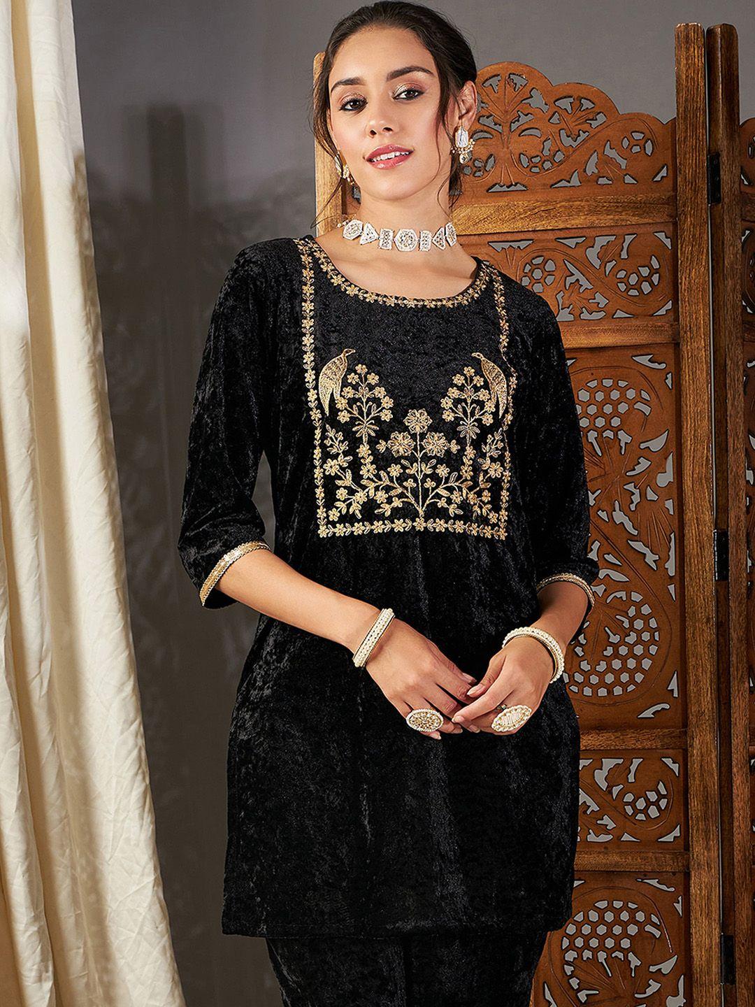 shae by sassafras floral yoke design thread work velvet straight kurta