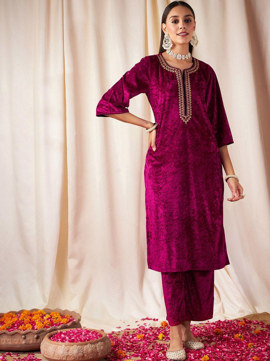 shae by sassafras floral yoke design thread work velvet straight kurta